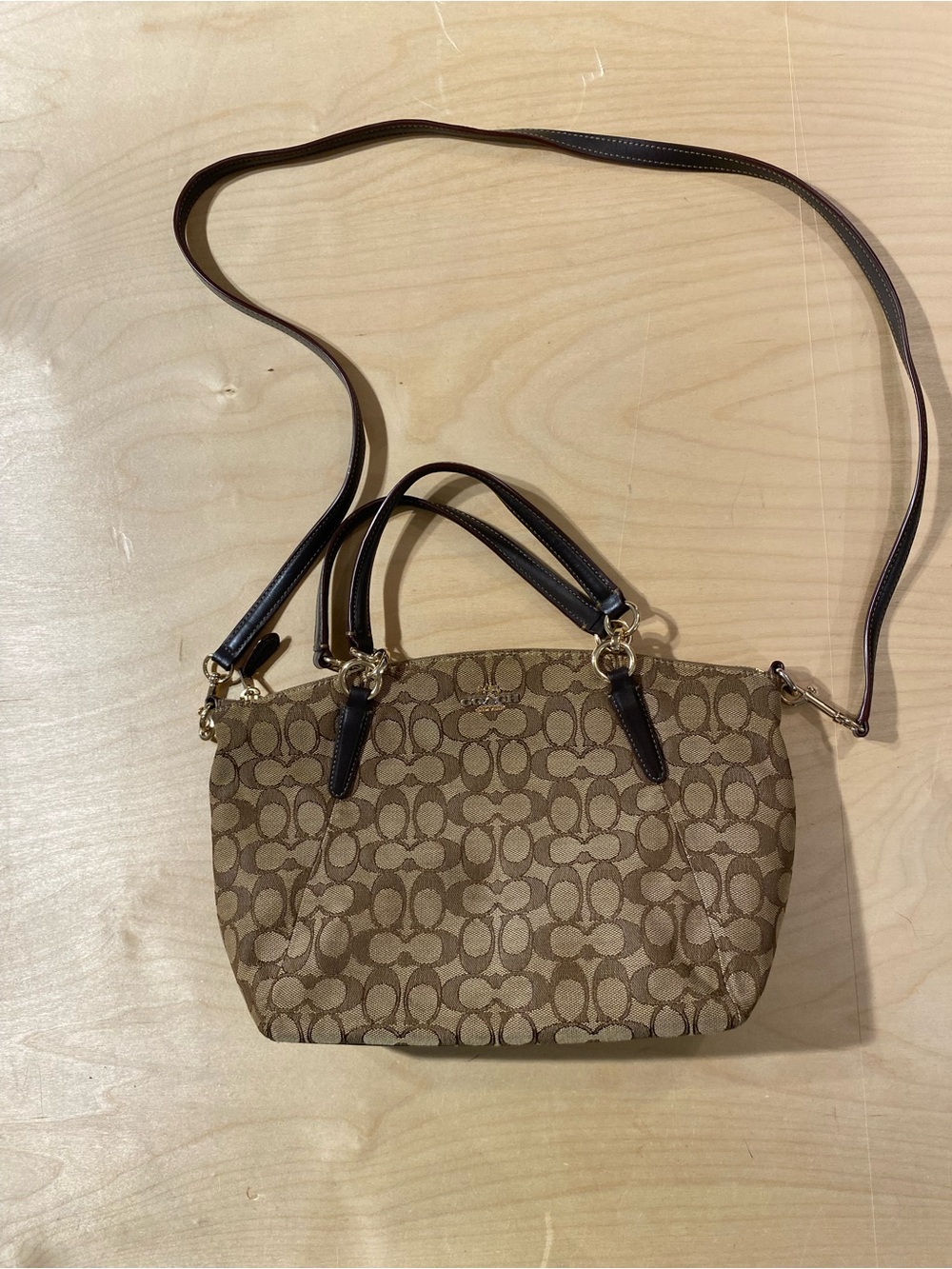 Coach Monogram Canvas Crossbody Satchel in Khaki and Dark Brown (SK) - Picture 3 of 11